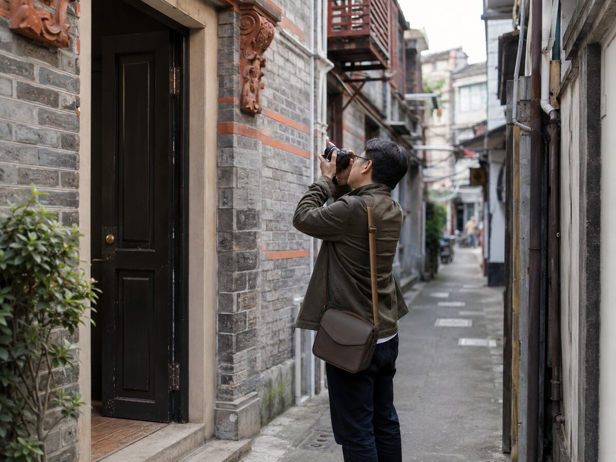 旅行者在上海里弄拍摄建筑细节